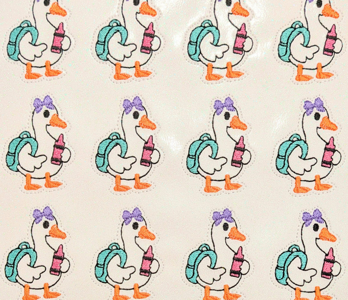 Backpack goose with coquette bow and crayon